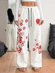 Women's Sexy Red Lips Print Sweatpants | White Graffiti Splatter Wide Leg Trousers for Ladies | Aesthetic Coquette Style Baggy Pants | Trendy Summer Streetwear Joggers 2026