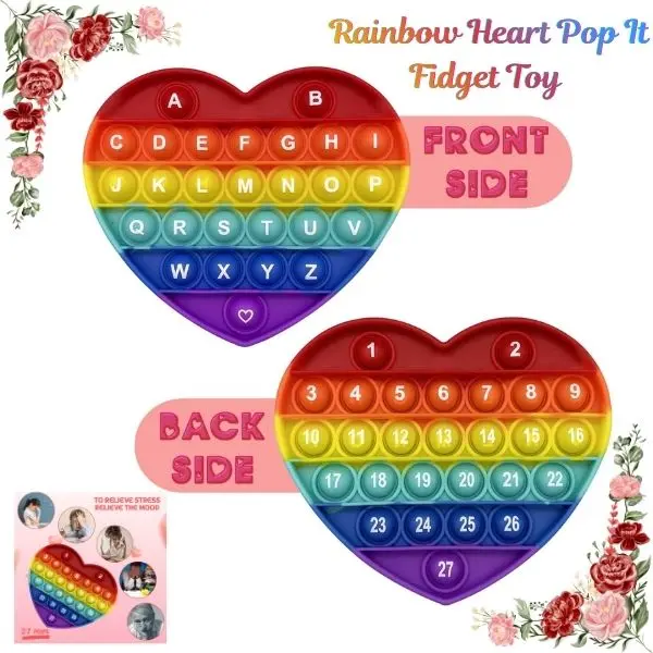 Rainbow Heart Pop It Fidget Toy for Kids, Alphabet & Number Sensory Bubble Toy, Valentine’s Day Gift, Classroom Prizes, Birthday Party Favors & Stress Relief