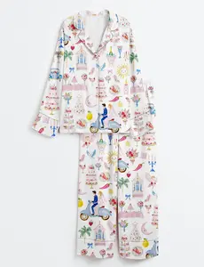 Women’s Whimsical Wedding Pastel Pajama Set, Short Sleeve Satin Bride & Groom Cake Bouquet Print Sleepwear, Bridal PJs