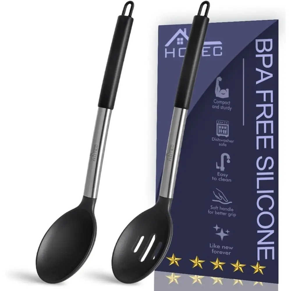 446°F Heat Resistant Large Silicone Cooking Spoon, BPA Free Solid Slotted Spoons, Nonstick Kitchen Cookware Utensils, Mixing, Serving, Stirring Large Spoons, Black