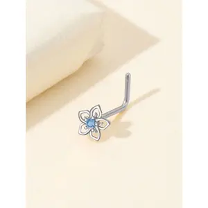 1pc Stainless Steel Pentagram Blue Rhinestone Center Gold Tone Nose Stud/Ring, Suitable For Daily Wear By Women