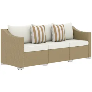 Outsunny 3-Seater Deep Seating Patio Sofa, Wicker Construction Outdoor Furniture Rattan Couch with Cushions, 2 Throw Pillows, Outdoor Suitable for Garden, Backyard