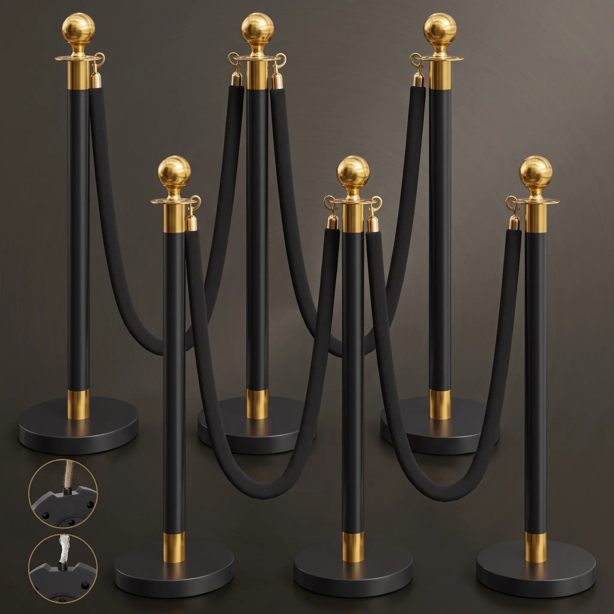 6 Pack Black&Gold Stanchions and Velvet Ropes Set, Stainless Steel Crowd Control Barriers, 4Pcs Black Ropes and Poles for Party Supplies,Photobooth Accessories, Prom,Birthday,Business,Wedding, Museums