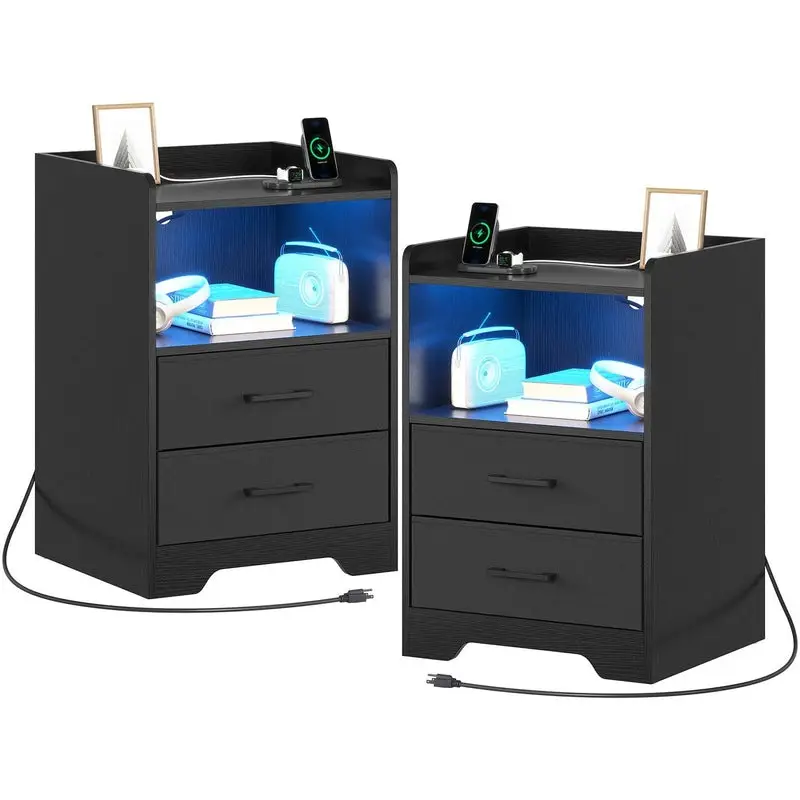 Sikaic 2PCS LED Nightstands with Charging Station and Storage Drawers Black Furniture Bedroom Table Organize Modern Design Bedside Lighted Vanity Desk