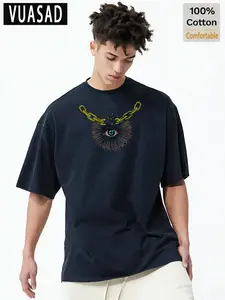 American Street Style Mystery Element Short Sleeve T-Shirt for Men, 100% Pure Cotton, Loose Fit, Casual Commuter Top, Long Length