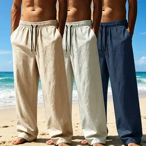 MEN's,Linen blend loose pants, summer casual trousers Menswear Elegant Man Beige Plain Wide Leg Fit Sweatpants