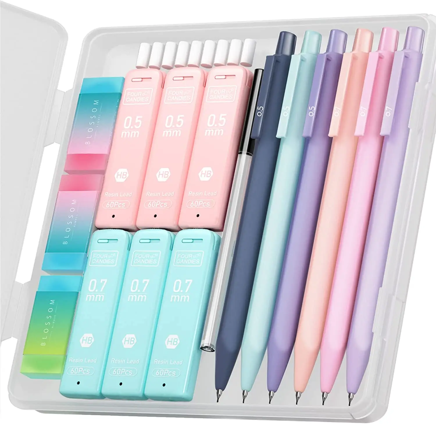 Cute Mechanical Pencil Set, 6PCS Pastel Mechanical Pencils 0.5mm & 0.7mm with 360PCS HB Pencil Leads, 3PCS Erasers and 9PCS Eraser Refills