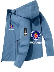 Men's Fashion Jacket with Scania Logo, Casual Zipper Pockets Hooded Outerwear, Polyester Material, Spring & Fall Wear, Men's Leisure Jacket