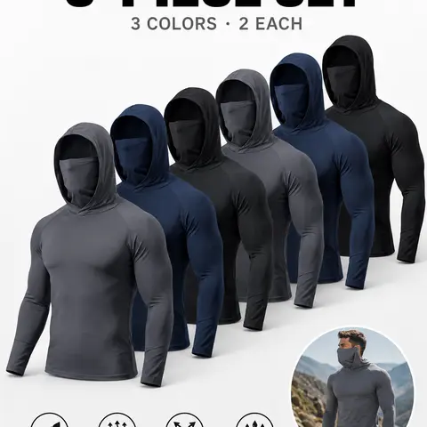 Men's 6-Pack Regular Athletic Polyester Hoodies - Outdoor Wear, Long Sleeve Protective Sun Protection Hoodies with Face Panel, Breathable Lightweight for Lawn Care, Construction, Solid UV Shield Polyester Clothes, Long Sleeve Protective Men's Hoodies