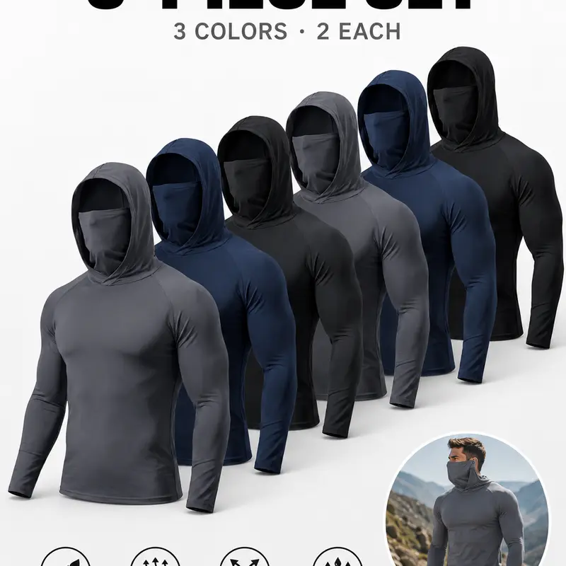 Men's 6-Pack Regular Athletic Polyester Hoodies - Outdoor Wear, Long Sleeve Protective Sun Protection Hoodies with Face Panel, Breathable Lightweight for Lawn Care, Construction, Solid UV Shield Polyester Clothes, Long Sleeve Protective Men's Hoodies