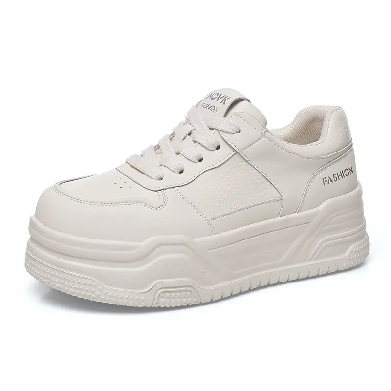 Minimalist cream platform collectible sneakers, smooth leather upper with layered chunky thick sole design