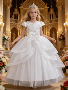 Girls' Princess Seraphina Dress Wedding Party Gown, Kids Elegant Evening Wear, Bow Waist Design, Perfect for Birthdays & Events