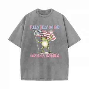 Fully Rely On God Frog Tee ️ Washed Grey Cute Patriotic Christian Streetwear American Flag Frog Faith Graphic Top Playful Inspirational Oversized Tee