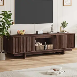 55 Inch TV Stand, Farmhouse TV Stand with Wave-Like Door, Mid Century Entertainment Center with Storage, TV and Media Console for Living Room, Walnut