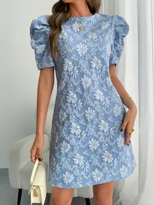 Floral Jacquard Puff Sleeve Mini Dress | Elegant Embossed A-Line Party Dress for Women | Chic Pastel Blue Summer Cocktail Outfit