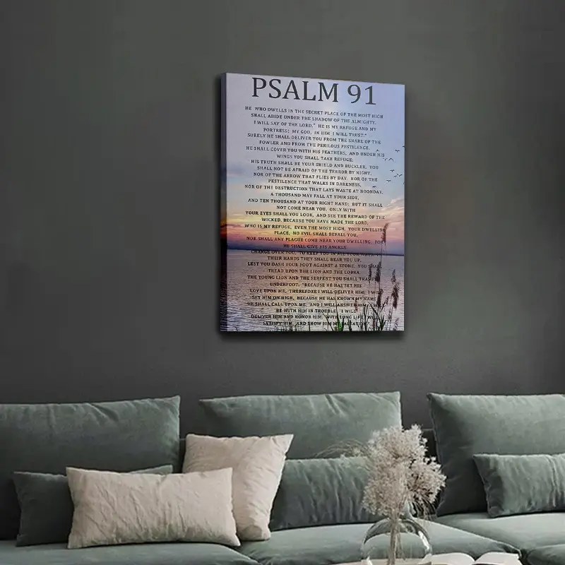 [Inspirational Decoration Wall Art] 1pc Pine Wood Framed Psalm 91 Canvas Print - Artistic Bible Verse, Serene Scene Sunset & Mountain Landscape, 1-Piece Home Decor for Kid Room, Balcony, Home Supplies