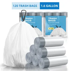 KSSKSS 1.6 Gallon Small Drawstring Trash Bags Pack of 120 Unscented Garbage Bags White Trash Bin Liners for Toilet Home Office Kitchen Bathroom Bedroom