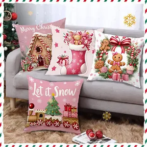Christmas Pillowcase Set of 4, Tree House Cane Candy Gingerbread Man Design, Polyester, Living Room Sofa Decor, Sofa Cushion