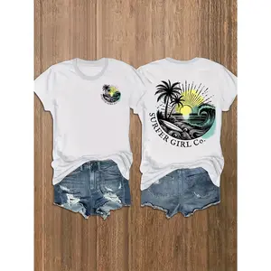 Women's Summer Beach Print Short Sleeve T-Shirt - Casual & Breathable White Tee with Palm Tree and Sunrise Design Perfect for Spring and Summer Beach Accessorie Womenswear Top