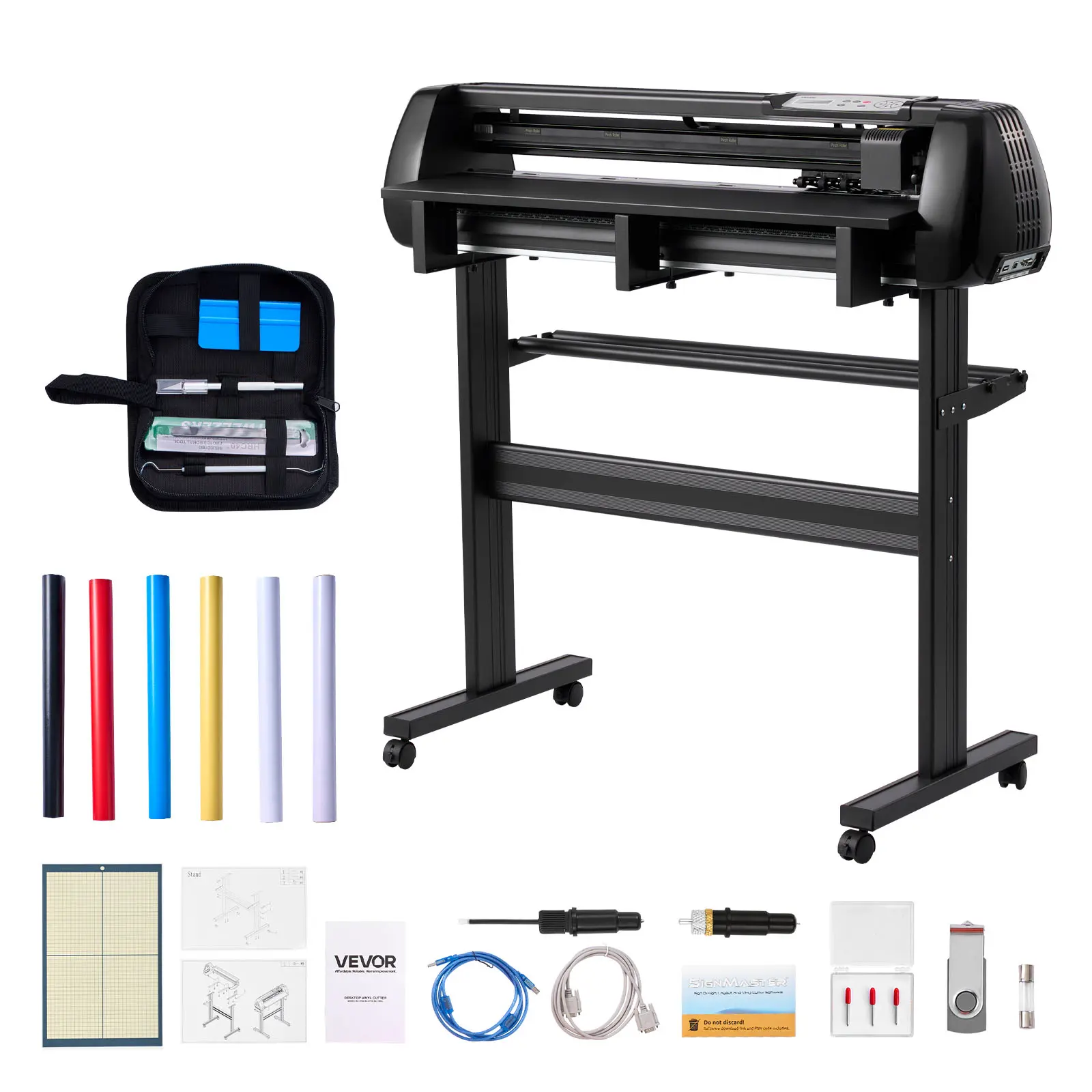 【Summerfinds】VEVOR Vinyl Cutter Machine, 34 inch Max Feed Width, Dual Blades, Adjustable Force and Speed, LED Display, Vinyl Plotter Cutter Printer Bundle with Sticker Sheets, Transfer Film, Signmaster Software