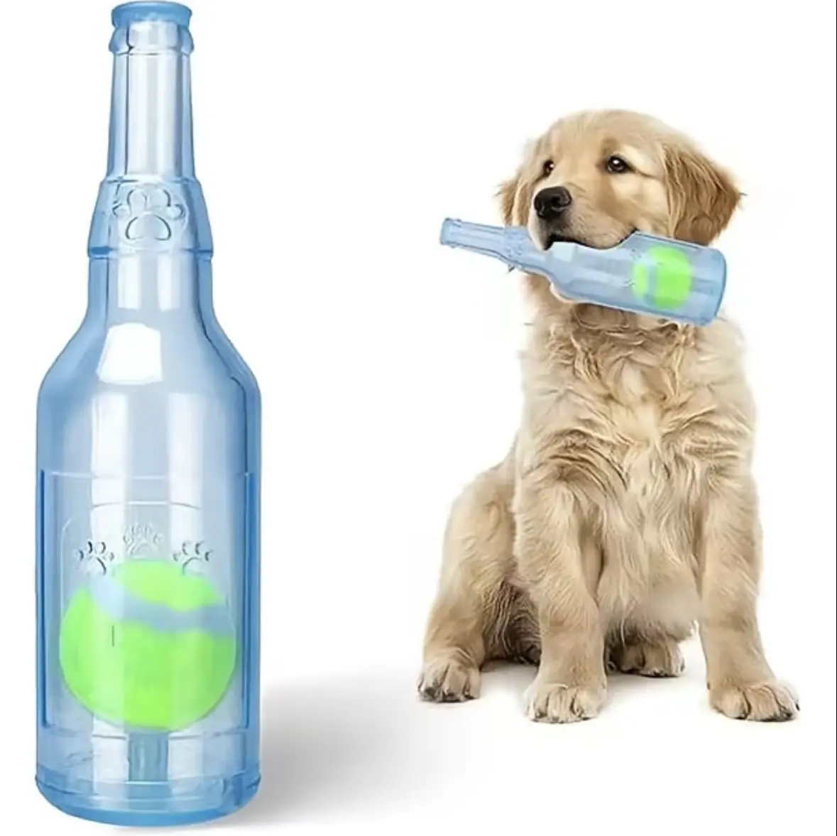 Interactive Squeaky Dog Toy, Durable TPR Rubber Bottle Chew Toy with Tennis Ball Inside, Fetch Training Toy for Small, Medium, and Large Dogs, Pet Play Accessories