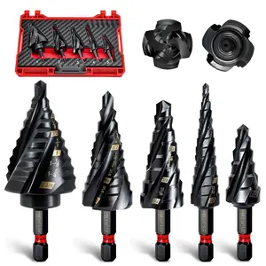 Step Drill Bit Set, 1/8~1-3/8" 5Pcs Four Spiral Flute Step Drill Bits for Metal, AITIN Coated Step Bit with 1/4" Hex Shank for Metal, Stalinless Steel, Aluminum, Wood, Plastic