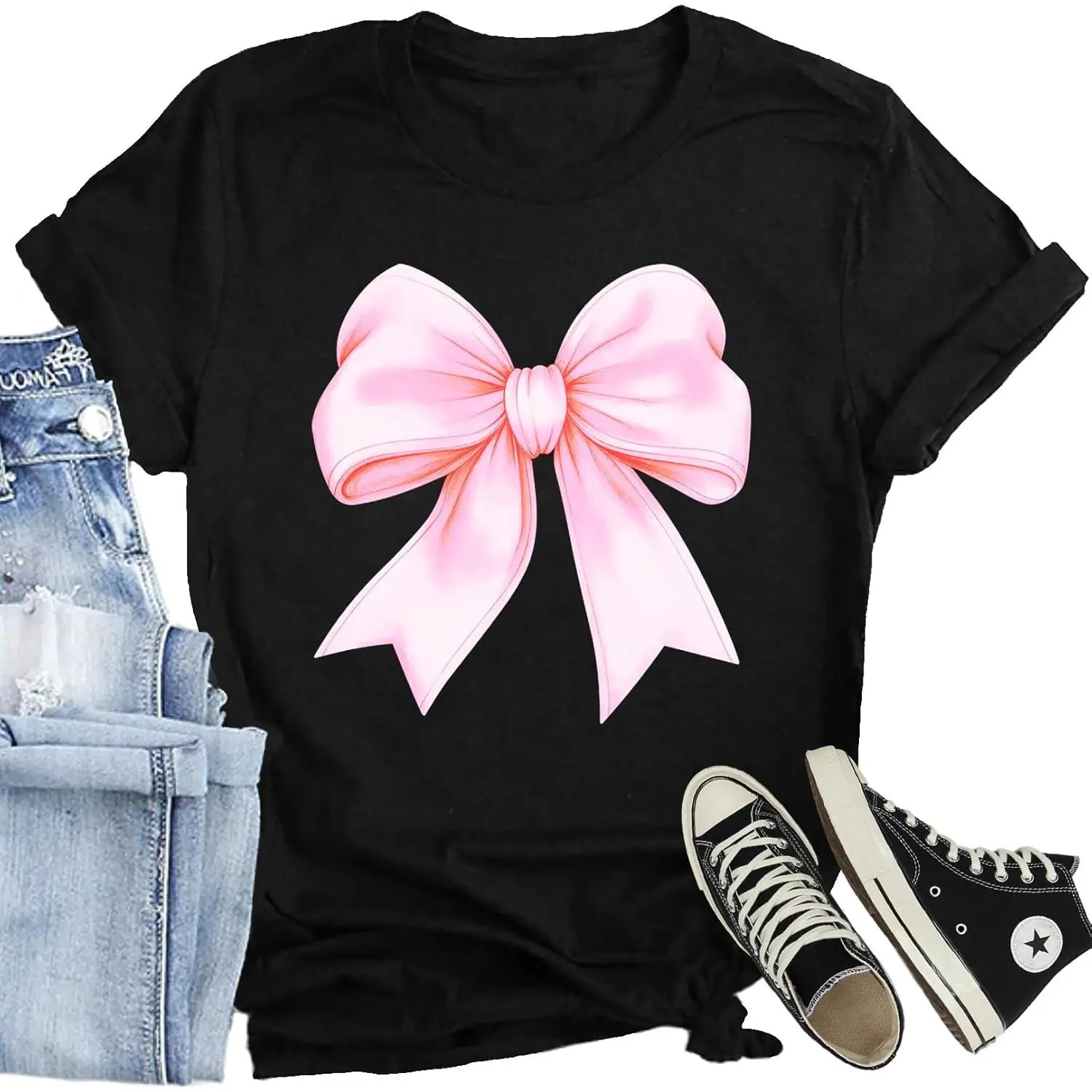 Shirts for Women Cute Pink Bowknot Ribbon Print Tee Tops Bow Girly Aesthetic T-Shirts