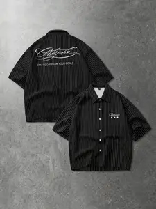 Men’s Black Pinstripe “Stay Focused On Your Goals” Cuban Collar Shirt, Oversized Streetwear Short Sleeve Button-Up with cursive “Utopia” & “California” text, minimalist design, perfect for casual outings, office street style, and everyday wear for a sleek