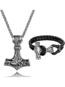 Trendy 2 Pcs Silvery Black Cool Necklace Viking Bracelet Set Stainless Steel Necklaces Leather Cuff Bracelets for Men Women Thor's Hammer Necklace Mjolnir Braided Cord Thor's Hammer Jewelry Punk Goth Viking
