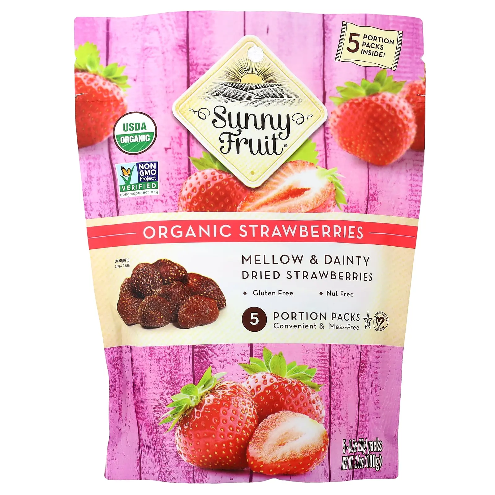 Sunny Fruit Organic Dried Strawberries, 5 Portion Packs, 0.7 oz (20 g) Each