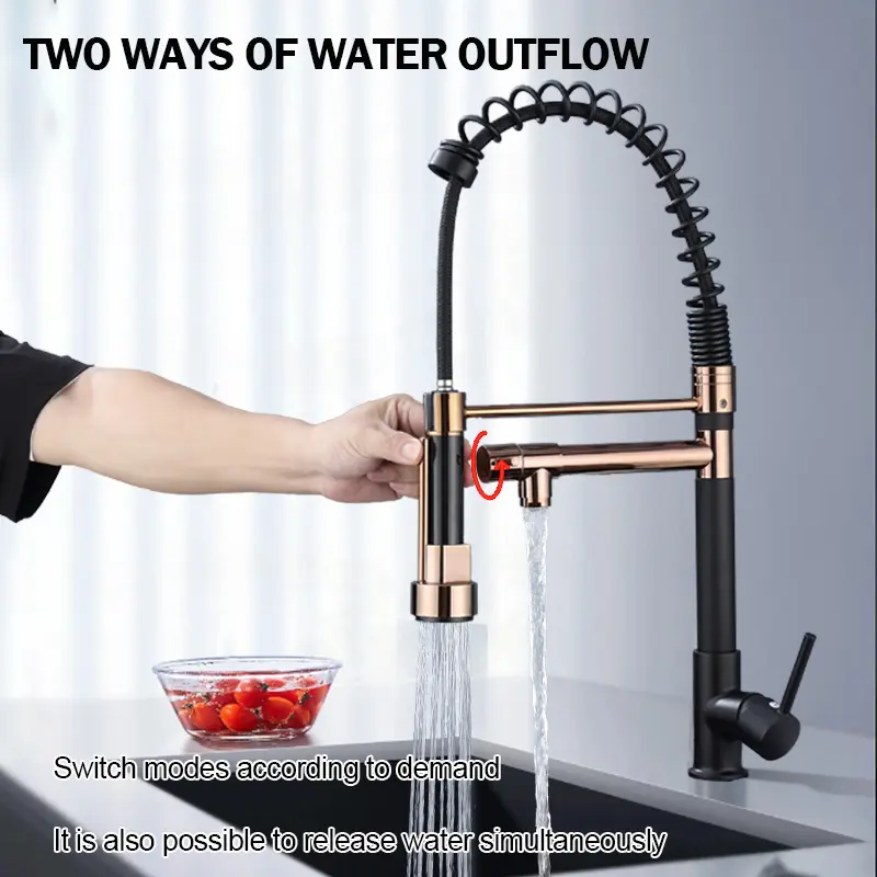1pc Multi functional rose gold (black) double outlet with pull-out spray spring faucet household cold and hot  single handle single hole kitchen sink faucet Black Stainless