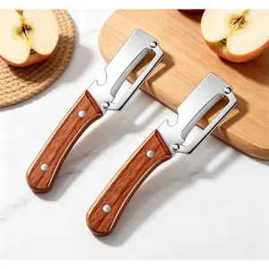 2PCS Stainless Steel Vegetable Peeler with Wooden Handle | Multi-Functional Kitchen Tool with Bottle Opener for Fruit, Veggie & Pumpkin | Great Gift for Mom