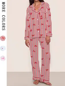 【Valentine Pajamas】Women's Christmas Pajama Set, Striped Bow Knot Design, Long Sleeve & Pants, Fall Winter Comfortable Sleepwear, Elegant Style, Casual Comfy Pajama