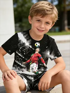 Kids 2 Piece Outfits Boys Summer Short Sleeve T Shirt + Shorts Set Cristiano Ronaldo Portugal National Team Number 7 Captain Armband Header Challenge Black & White Comic Style Stadium Print Football Fan Kids Clothing Casual Sport Wear for School Daily Foo