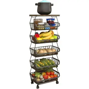 Metal Wire Baskets with Wheels, Kitchen Organizer, 6 Tier Stackable Storage Containers, Fruit and Vegetable Trolley, Dish Rack for Bathroom, Garage and Pantry