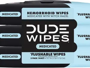 DUDE Wipes - Extra-Large Adult Wet Wipes - 3 Pack, 144 Wipes - Unscented - Medicated Witch Hazel - Septic and Sewer Safe - Toilet, Aloe Vera