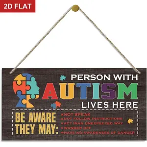 Autism Signs, Decorative Wood Hanging Wood Plaque, Farmhouse Autism Door Sign, Autism Acceptance, Autistic Support Decorative Plaque, Autism Family Wall Decor, Person with Autism Lives Here D  11.8x5.9 In, Wooden Decor, Wooden Letter Sign