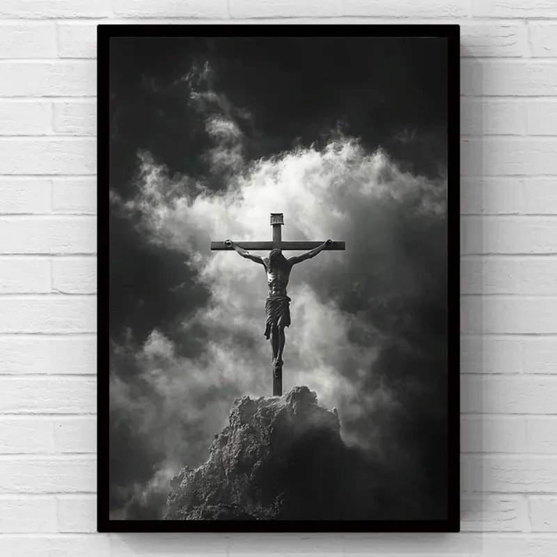 Black and white canvas wall art featuring Jesus’s crucifixion on a mountain, Christian cross with cloudy sky religious artwork, 2D flat print wall poster, minimalist home and bedroom decor artwork, faith wall decoration, perfect gift for Christian home dé