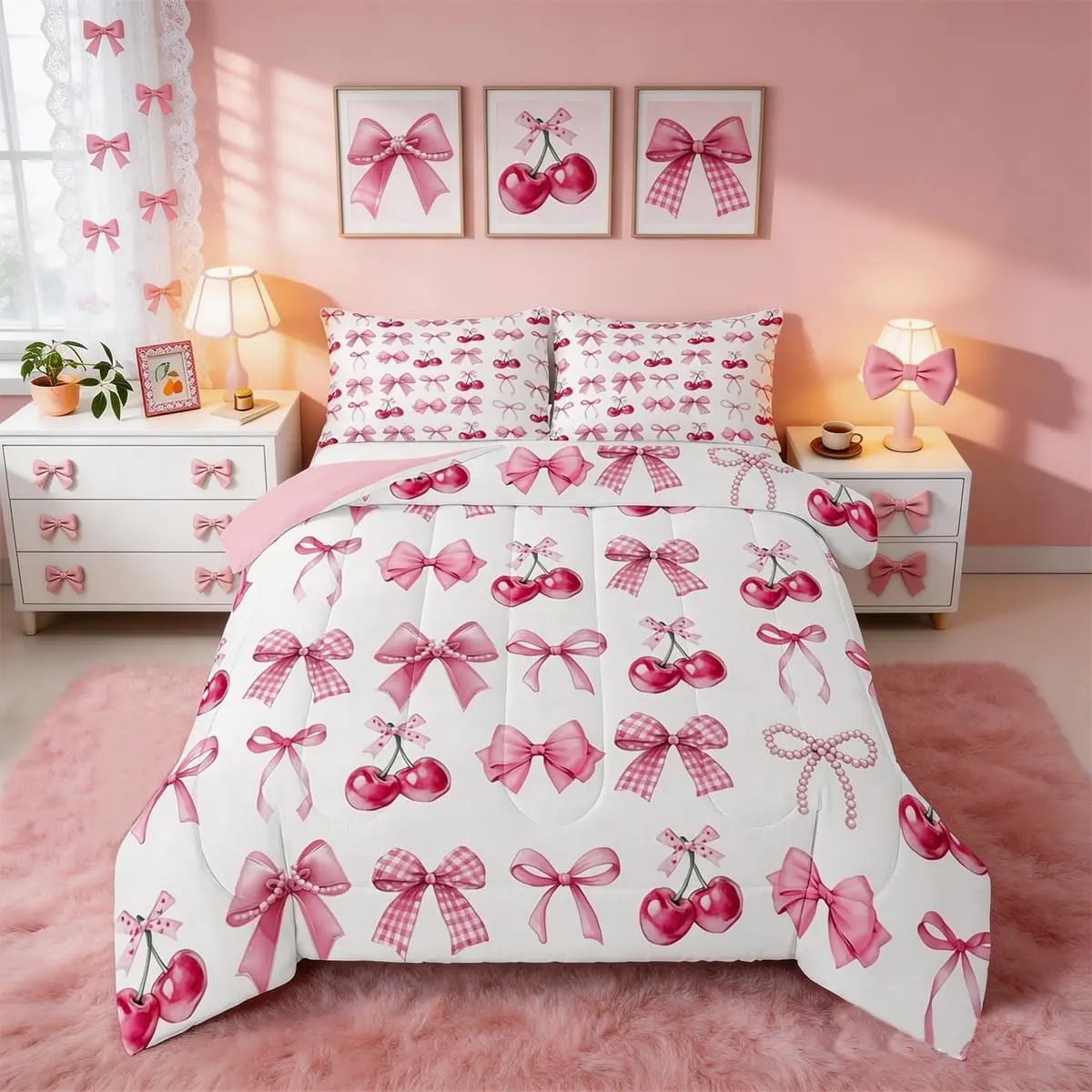 Pink Bow Comforter Set Cute Cherry Bedding Set Kawaii Dreamy Princess Bowknot Style Duvet Quilt Bedroom Decor Microfiber 1