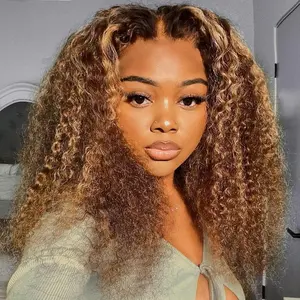 #4/27 Highlight Curly BOB Wig Human Hair 13x4 HD Lace Front Wigs Pre Plucked Deep Wave Human Hair Colored Wigs Human Hair Bob Wig for Black Women 180 Density wigs (Brown, 14inch)