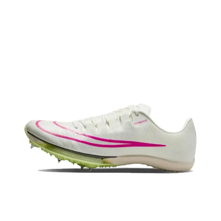 Cream white pink curved graphic professional sprint track spikes performance unisex hype street kicks lightweight flyweave woven breathable upper large pink gradient side swoosh yellow foam cushion midsole detachable metal spike outsole