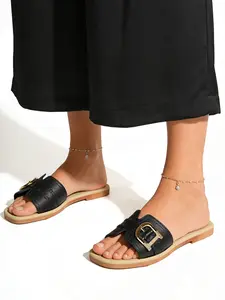 Women's Open-Toe Sandals with Decorative Buckle, Lightweight Breathable Flat Shoes, Cute Casual Style, All Seasons, Indoor Outdoor Use