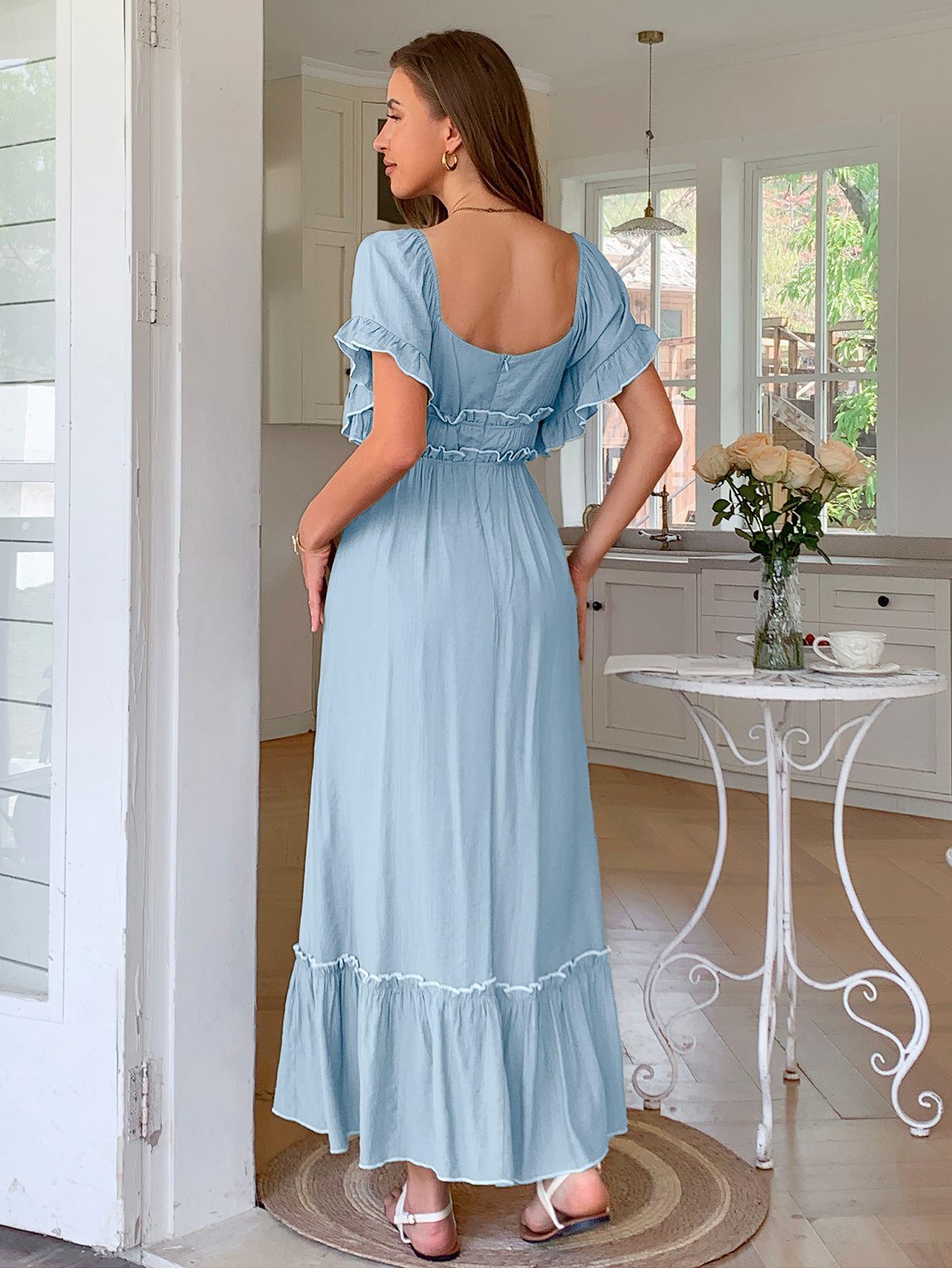 European And American Leisure Vacation Style Stringy Selvedge Short Sleeve Dress