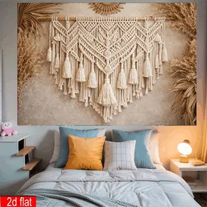 2D 1pc Bohemian Macrame Banner, Wall Art Backdrop with Tassels, Boho Style Decor for Bridal Shower, Baby Shower, Photo Booth