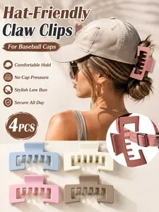 4PCS Claw Clip Pack, Hat-Friendly Claw Clips Matte Rectangle, Large Non-Slip Baseball Cap Hair Clips for Thick Hair, Strong Trucker Hat Claw Clip Set for Ponytail Bun Hairstyles, Daily Wear, Gift