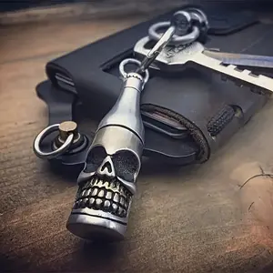 Skull Beer Bottle Keychain Heavy Duty Metal EDC Key Ring Gothic Punk Biker Style with Clip Novelty Gift for Men