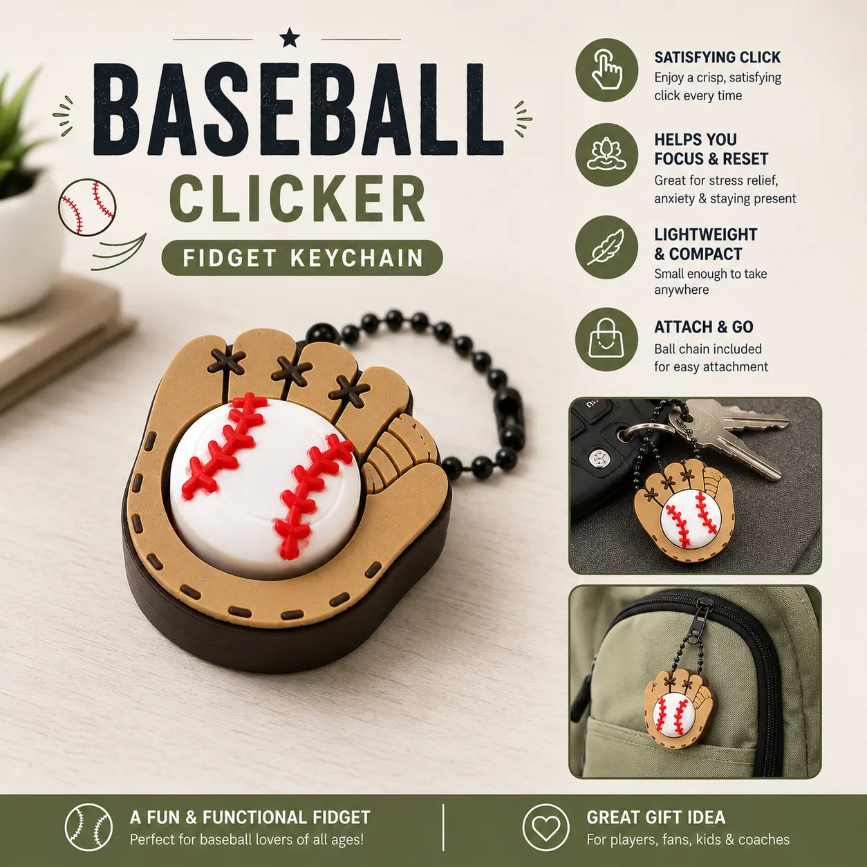 Baseball Glove Clicker Keychain Fidget Toy | 3D Printed Baseball Gift | Sensory Clicker for Players & Coaches