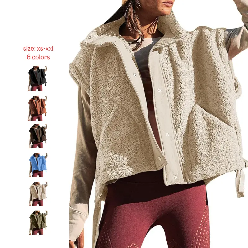 Women's Fuzzy Fleece Vest Oversized Sleeveless Sherpa Jacket Warm Button Down Gilet Outerwear with Pockets
