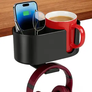 4 in 1 Desk Cup Holder, Clamp on Drink Holder with Headphone Hanger, Anti-Spill Clip on Desk Organizer, Gaming Office Desk Accessories