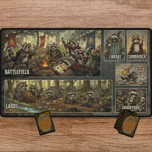 Racoon War Kingdom MTG Playmat Magic The Gathering With Zones, TCG Mousepad Cute Trash Panda Desk Pad Fantasy